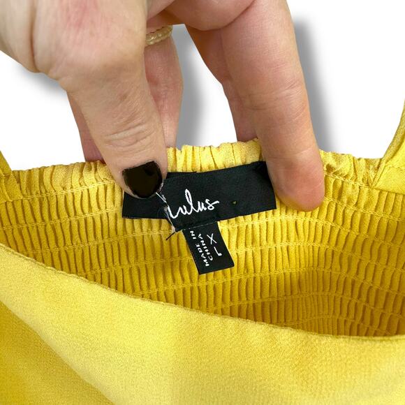 Lulus NWOT Summer Invite Yellow Tie-Strap Woven Chiffon Tiered Midi Dress XL - Picture 6 of 10